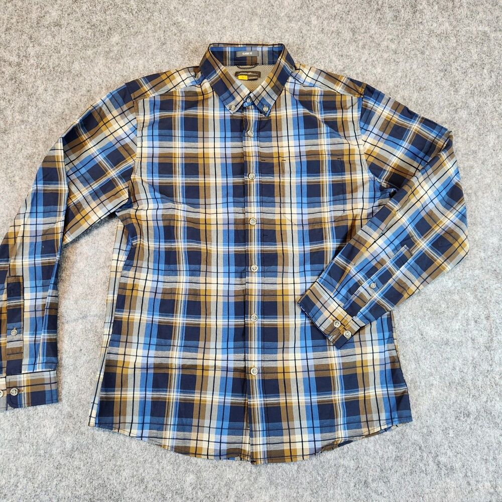 Eddie Bauer Travex Shirt Men Medium Blue Plaid Classic‎ Fit Button Mesh Pocket - Picture 3 of 11